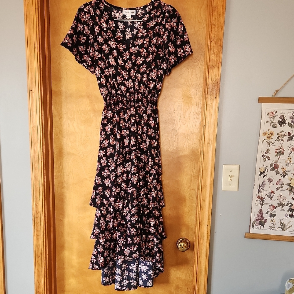 Emerald Sundae Black and Pink Floral High Low Dress